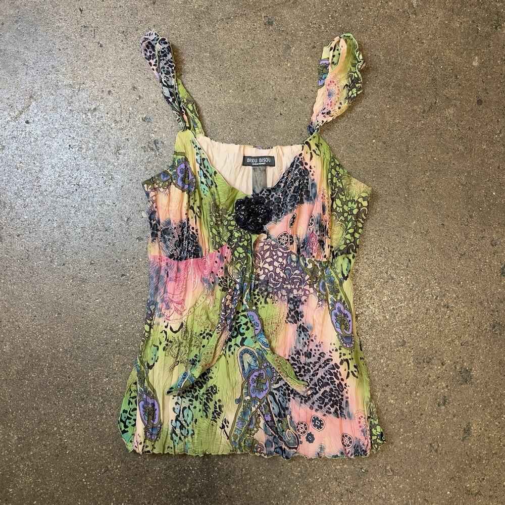 Bisou Bisou Michele Bohbot Silk Chiffon Floral Camisole Top Beaded Flower M